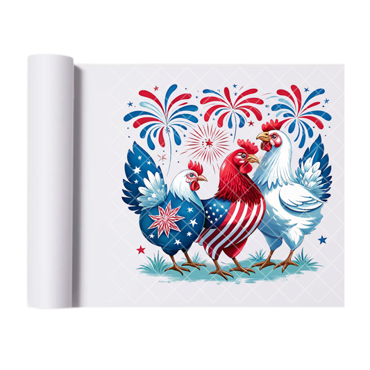 Rooster Patriot Celebration - Direct Print Film Transfer for Trendy T-Shirts, Cotton, Polyester & Blends - High-Quality Print