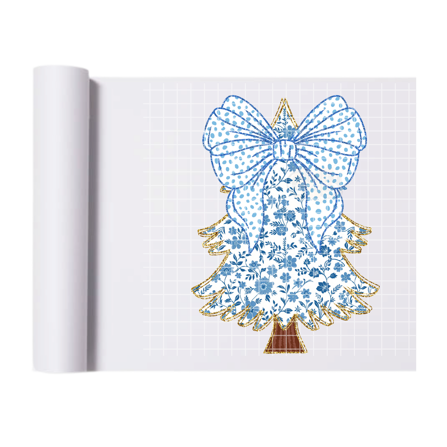 Christmas Tree Bow Blue Flowers DTF Transfer