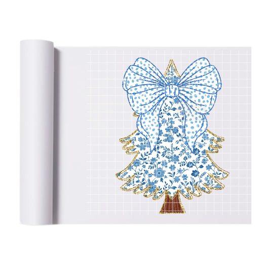 Christmas Tree Bow Blue Flowers DTF Transfer