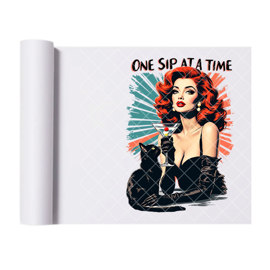 One Sip At A Time Black Cat - Ready To Press Print Transfer for Apparel, Cotton, Polyester & Blends - High-Quality Print- Commercial Grade