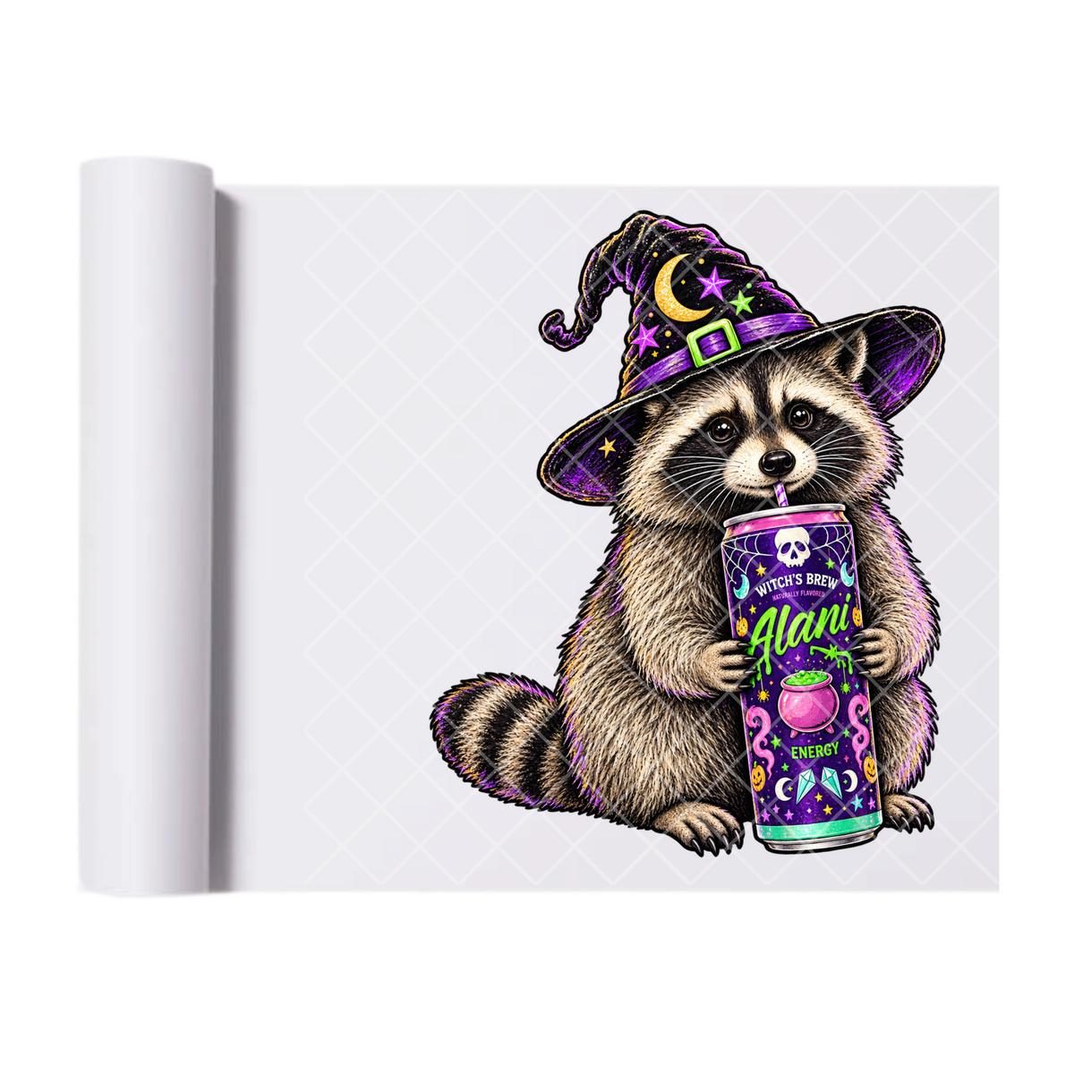Witches Brew Alani Raccoon - Ready To Press Print Transfer for Apparel, Cotton, Polyester & Blends - High-Quality Print- Commercial Grade