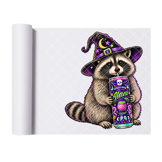 Witches Brew Alani Raccoon - Ready To Press Print Transfer for Apparel, Cotton, Polyester & Blends - High-Quality Print- Commercial Grade