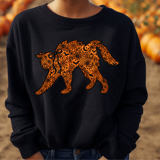 Black and Orange Lace Cat - Premium Graphic T-Shirt for Casual Wear