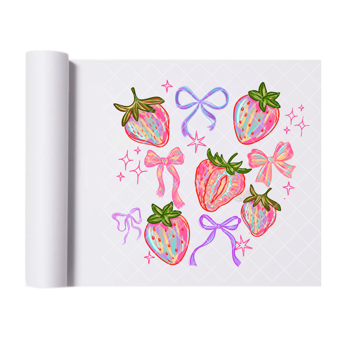 Strawberry’s Blue Ribbons Pink Bows - Direct Print Film Transfer for T-Shirts, Cotton, Polyester & Blends - High-Quality Print