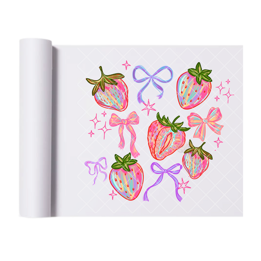 Strawberry’s Blue Ribbons Pink Bows - Direct Print Film Transfer for T-Shirts, Cotton, Polyester & Blends - High-Quality Print