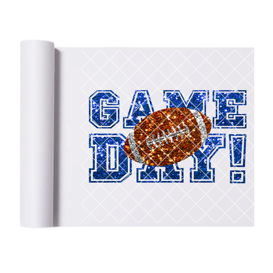Glitter game day football blue font DTF film t shirt transfer