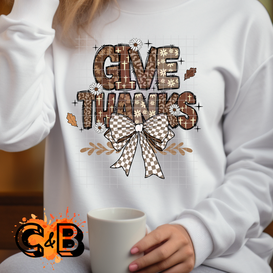 Give Thanks Checkered Bow T-Shirt