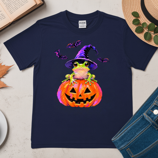 Witch Frog on Pumpkin - Premium Graphic T-Shirt for Casual Wear