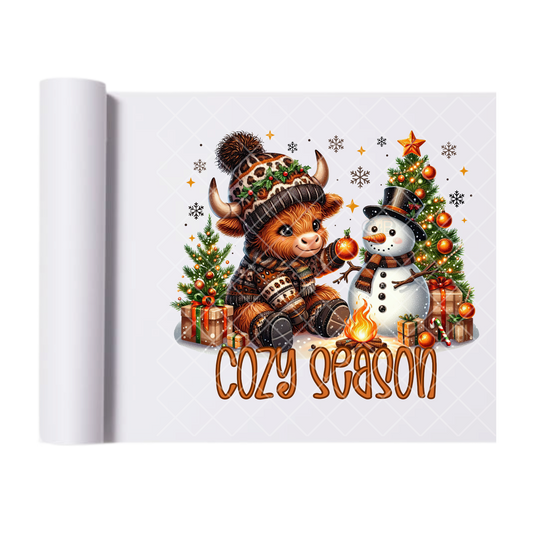 Cozy Season Highland And Snowman - Direct-To-Film Heat Transfer for T-Shirts, Cotton, Polyester & Blends - High-Quality Print