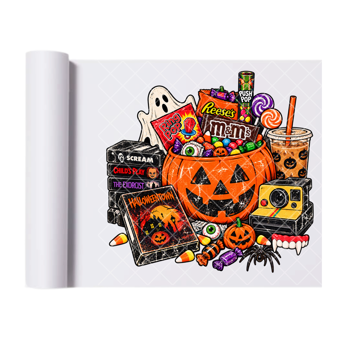 Retro Halloween Candy Collage - Ready To Press Print Transfer for Apparel, Cotton, Polyester & Blends - High-Quality Print- Commercial Grade