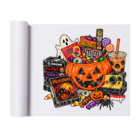 Retro Halloween Candy Collage - Ready To Press Print Transfer for Apparel, Cotton, Polyester & Blends - High-Quality Print- Commercial Grade