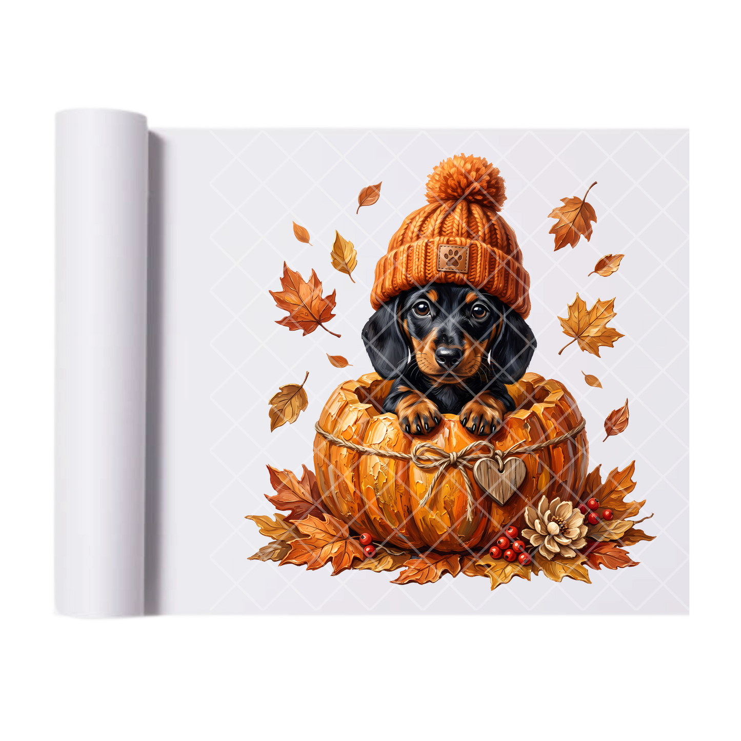 Dachshund Inside Pumpkin w/ Beanie - Ready To Press Print Transfer for Apparel, Cotton, Polyester & Blends - High-Quality Print- Commercial Grade