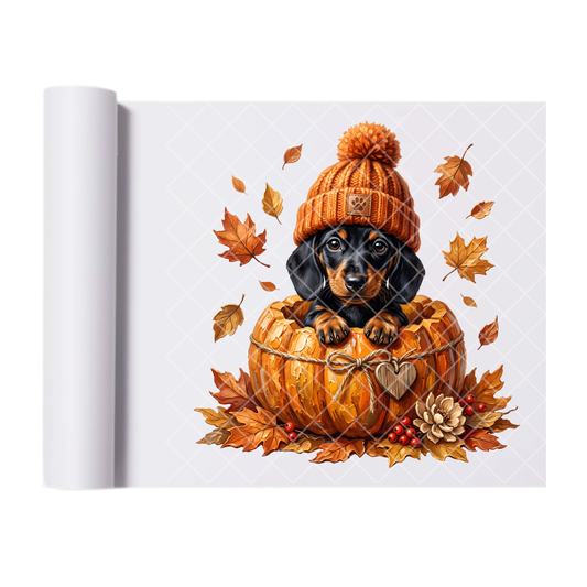 Dachshund Inside Pumpkin w/ Beanie - Ready To Press Print Transfer for Apparel, Cotton, Polyester & Blends - High-Quality Print- Commercial Grade