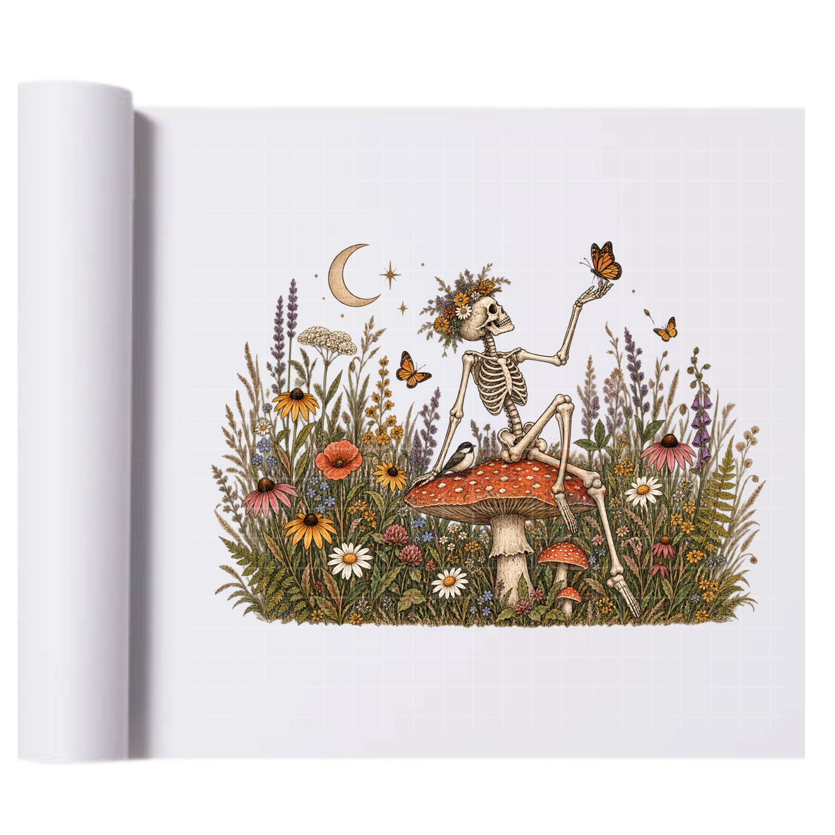 Flower mushroom skeleton - Ready To Press Print Transfer for Apparel, Cotton, Polyester & Blends - High-Quality Print- Commercial Grade
