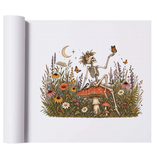 Flower mushroom skeleton - Ready To Press Print Transfer for Apparel, Cotton, Polyester & Blends - High-Quality Print- Commercial Grade