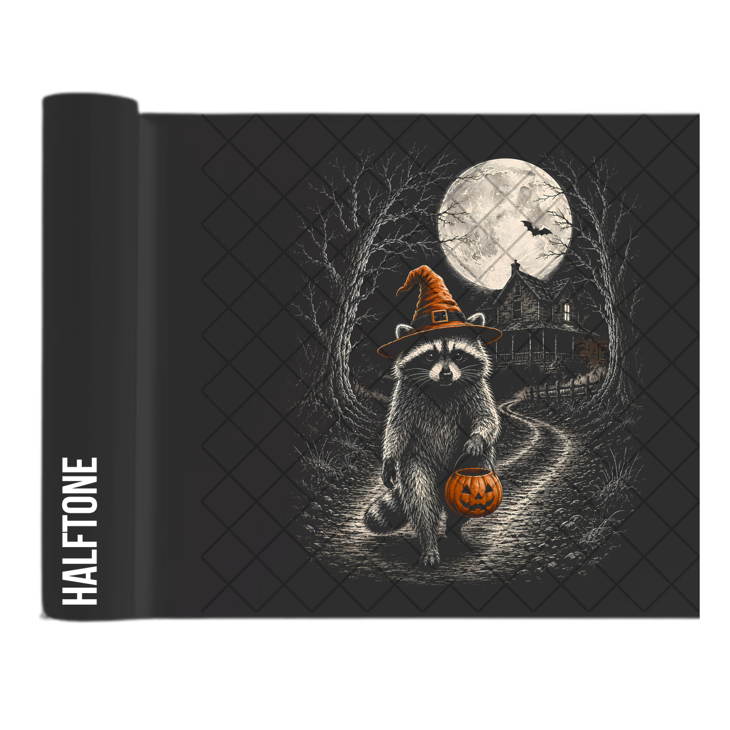 Half Tone Halloween Raccoon - Ready To Press Print Transfer for Apparel, Cotton, Polyester & Blends - High-Quality Print- Commercial Grade
