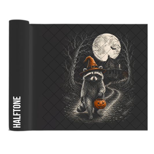 Half Tone Halloween Raccoon - Ready To Press Print Transfer for Apparel, Cotton, Polyester & Blends - High-Quality Print- Commercial Grade