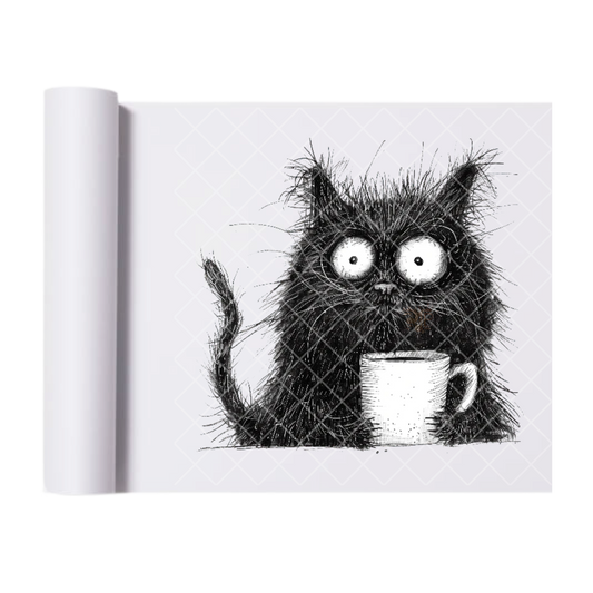 Black Cat Morning Coffee - Ready To Press Print Transfer for Apparel, Cotton, Polyester & Blends - High-Quality Print- Commercial Grade