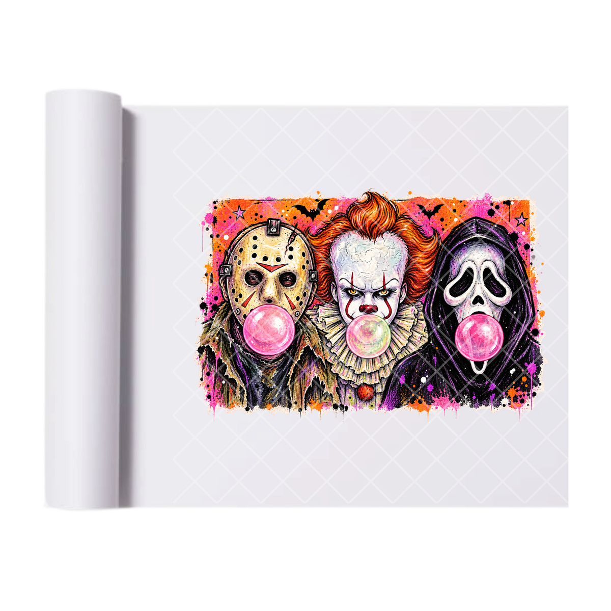 Trio Horror Characters Bubblegum - Ready To Press Print Transfer for Apparel, Cotton, Polyester & Blends - High-Quality Print- Commercial Grade