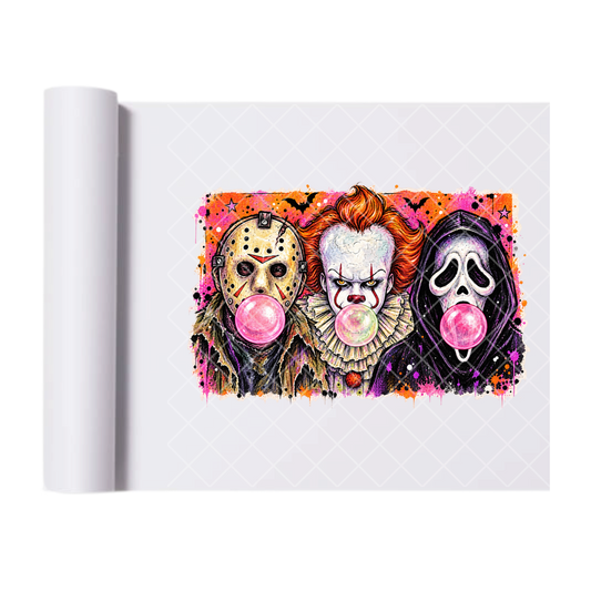 Trio Horror Characters Bubblegum - Ready To Press Print Transfer for Apparel, Cotton, Polyester & Blends - High-Quality Print- Commercial Grade