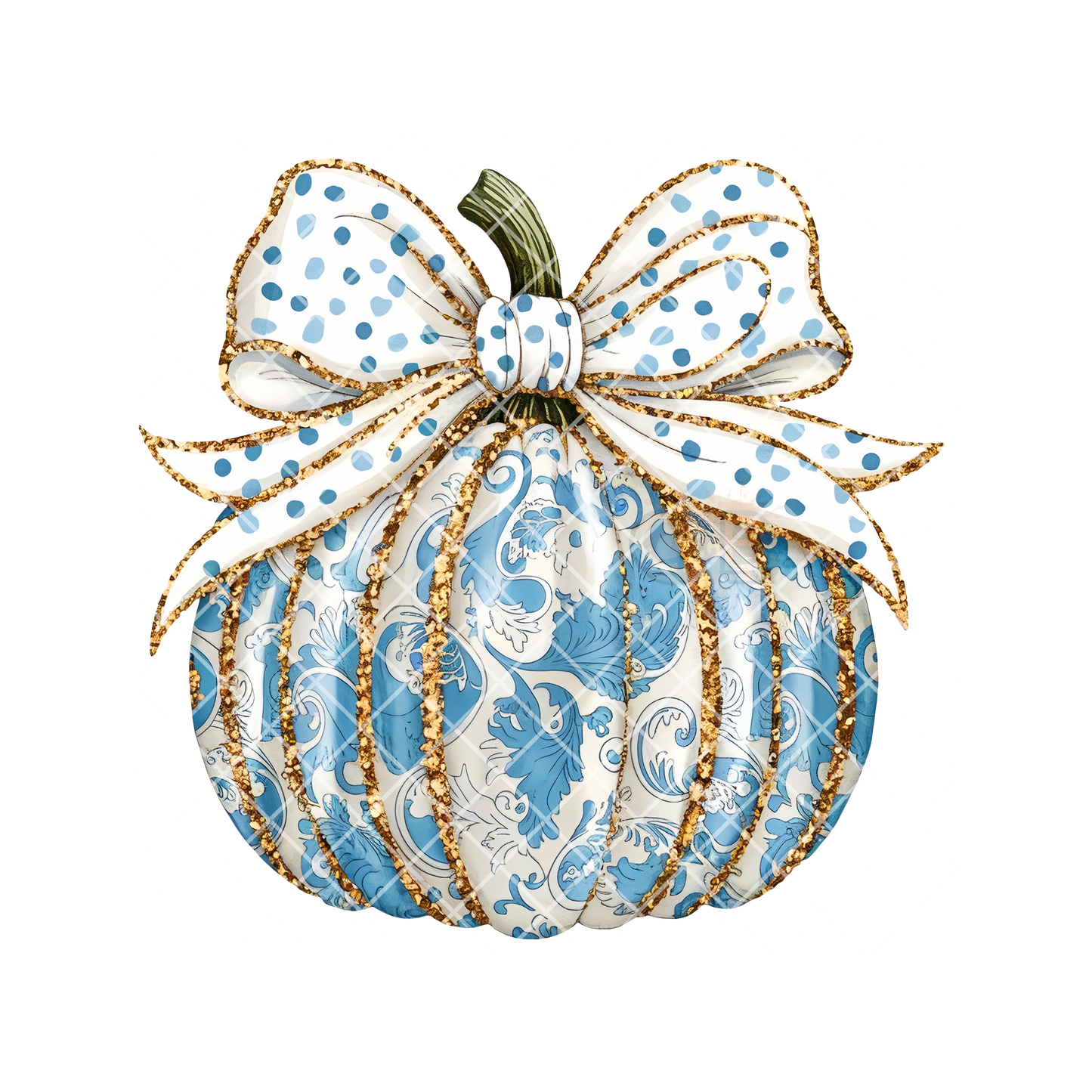 Blue Ornate Pattern Pumpkin With Bow DTF Transfer