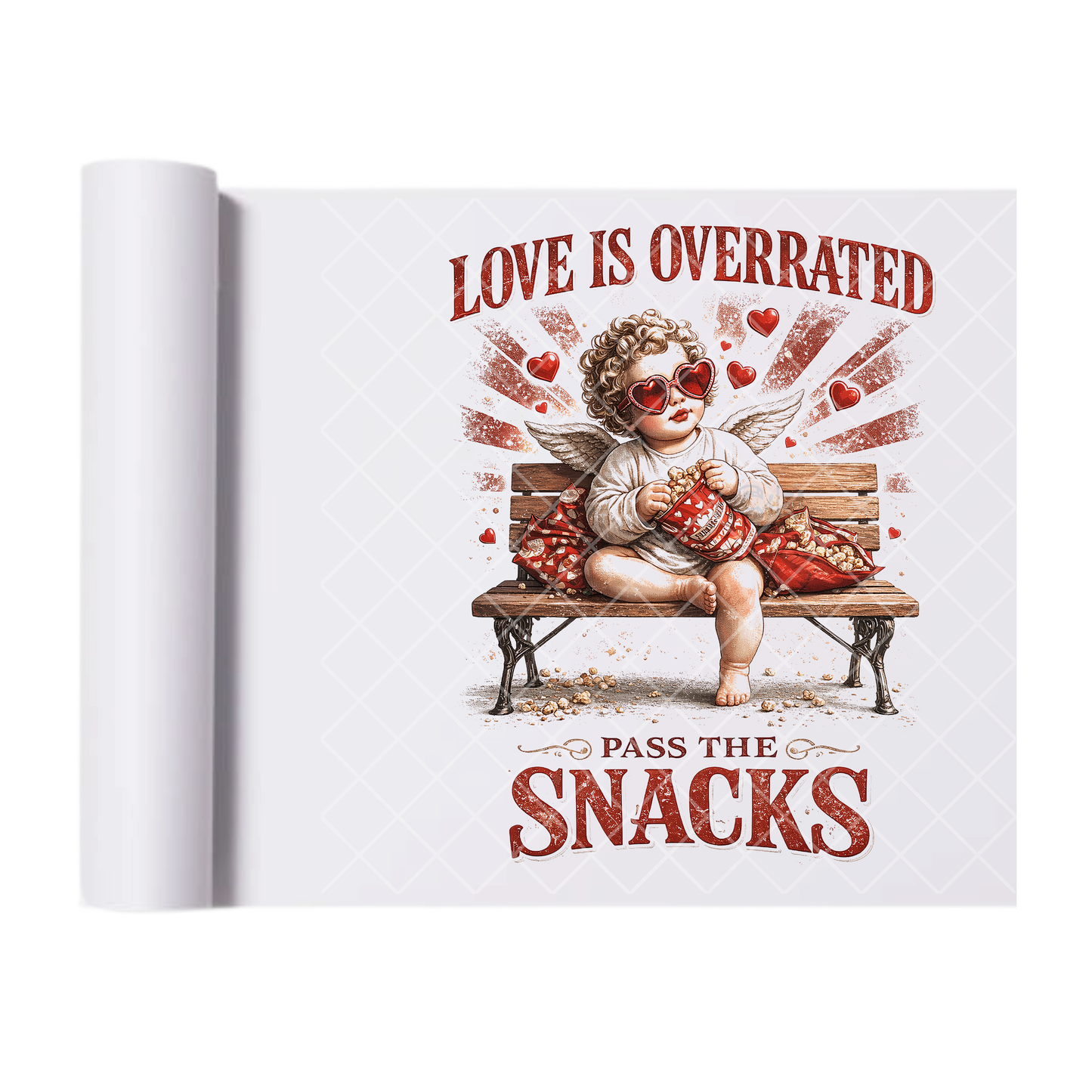 Love Is Overrated Pass The Snacks - Direct Transfer Print, Ready To Press For T-Shirts, Cotton, Polyester & Blends - Tshirt Business Quality
