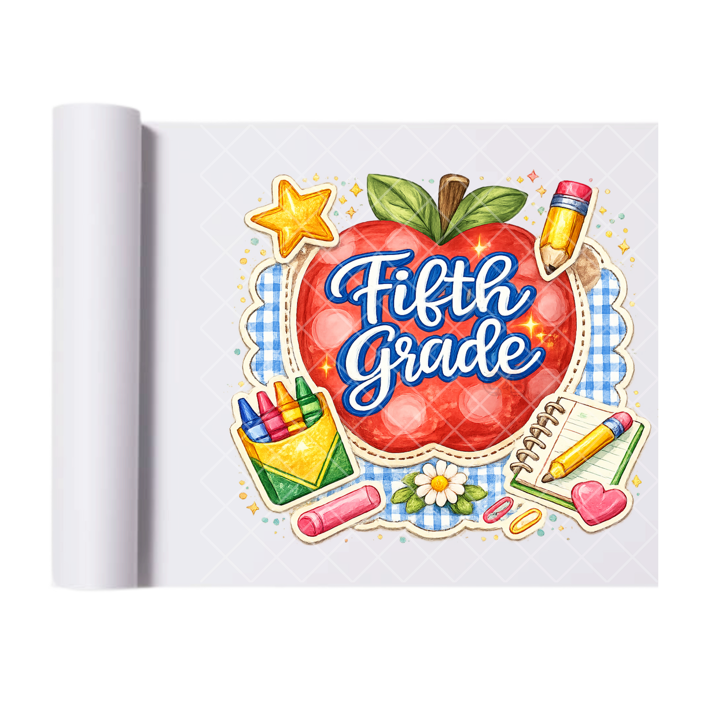 Fifth Grade Apple & Pencils - Direct Print Film Transfer for T-Shirts, Cotton, Polyester & Blends - High-Quality Print