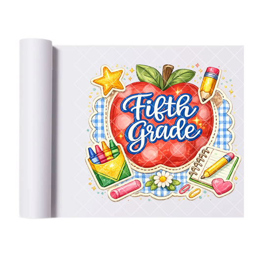 Fifth Grade Apple & Pencils - Direct Print Film Transfer for T-Shirts, Cotton, Polyester & Blends - High-Quality Print