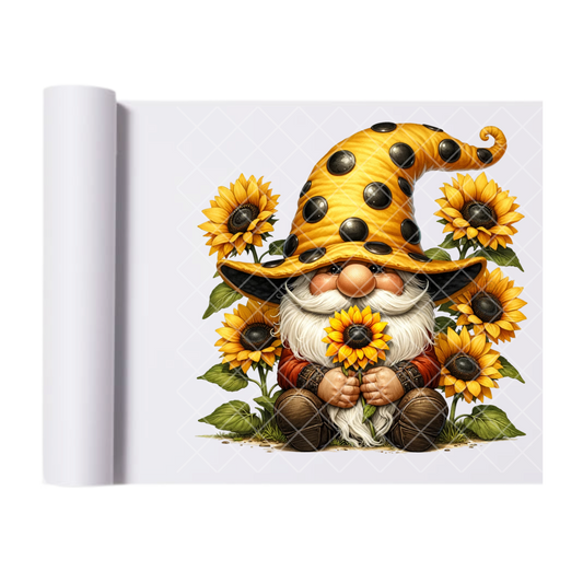 Sunflower Themed Gnome - Direct Print Film Transfer for T-Shirts, Cotton, Polyester & Blends - High-Quality Print