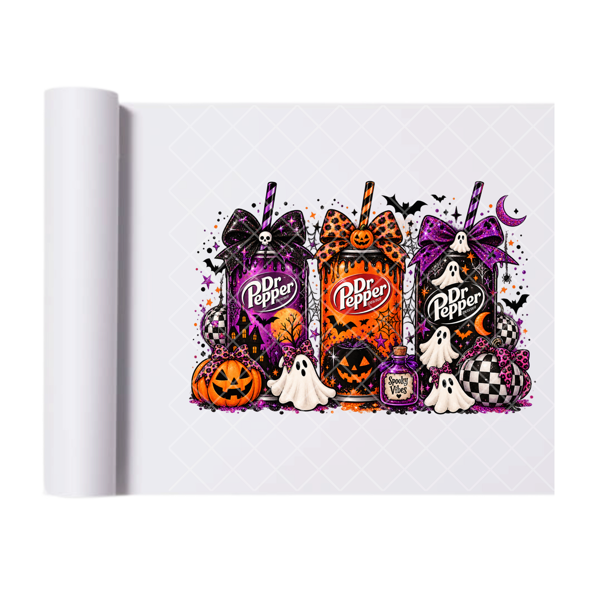 Spooky Dr Pepper Trio Cans - Ready To Press Print Transfer for Apparel, Cotton, Polyester & Blends - High-Quality Print- Commercial Grade
