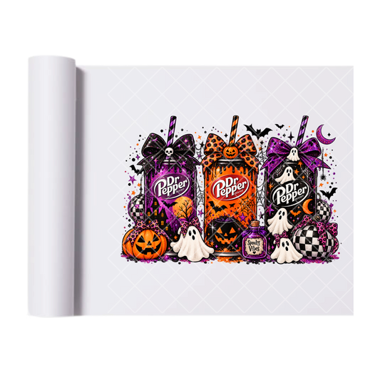 Spooky Dr Pepper Trio Cans - Ready To Press Print Transfer for Apparel, Cotton, Polyester & Blends - High-Quality Print- Commercial Grade
