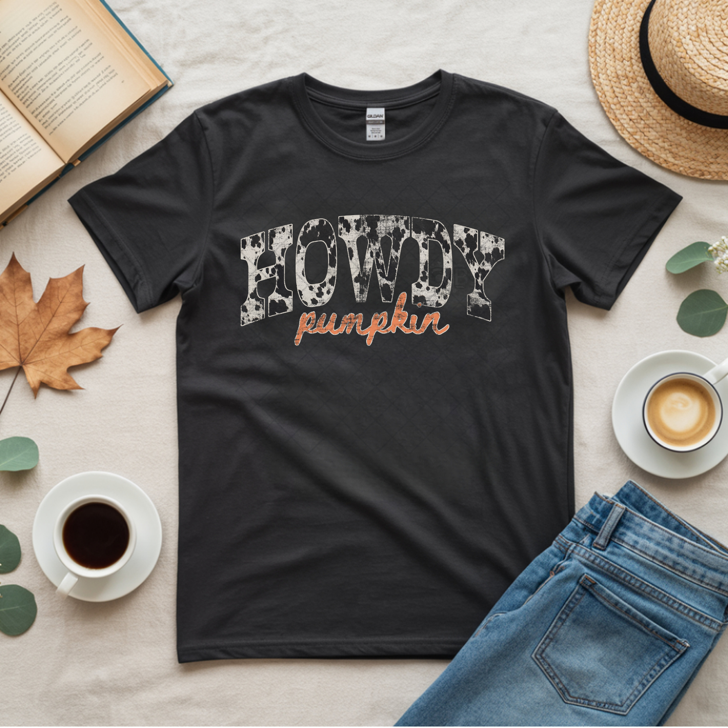 Distressed Cow Print Howdy Pumpkin - Premium Graphic T-Shirt for Casual Wear