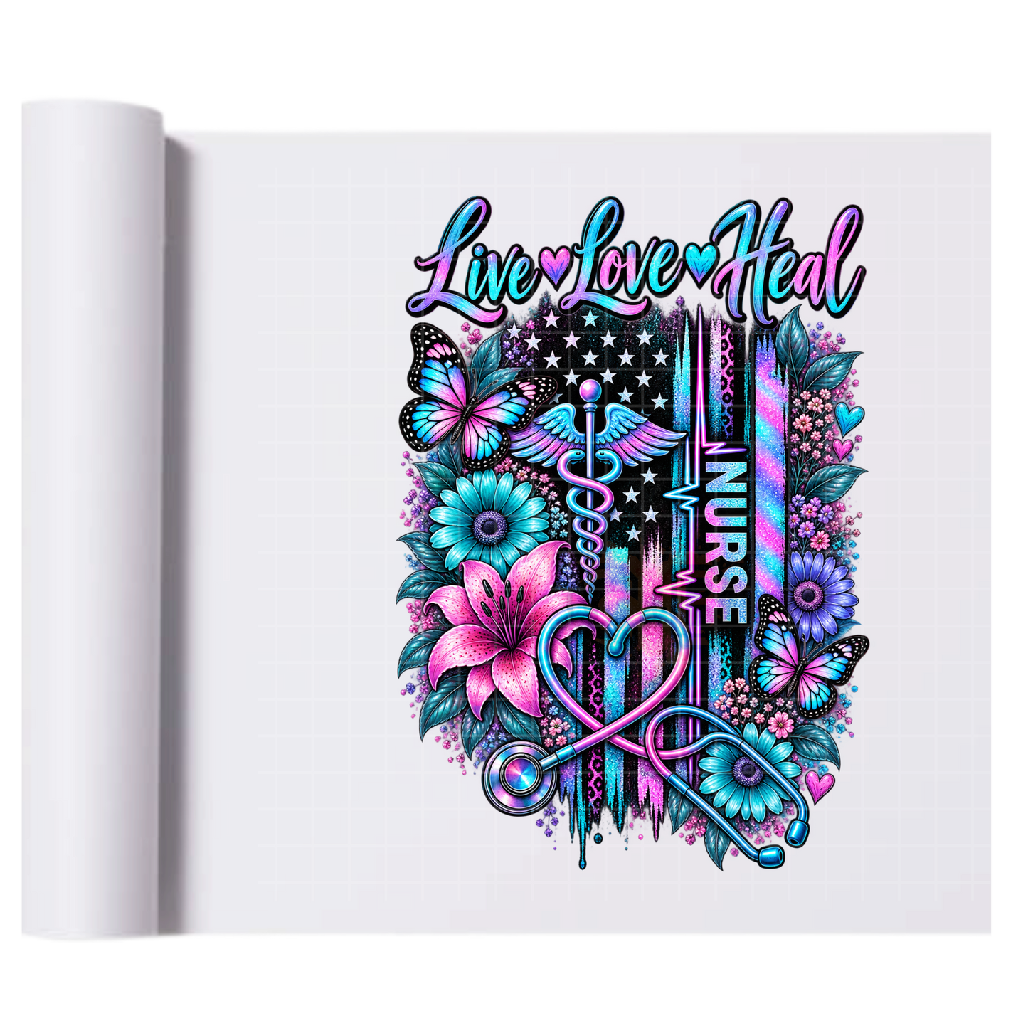 Live Love Heal Purple - Direct Print Film Transfer for T-Shirts, Cotton, Polyester & Blends - High-Quality Print