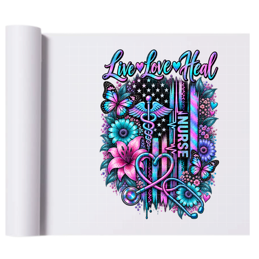 Live Love Heal Purple - Direct Print Film Transfer for T-Shirts, Cotton, Polyester & Blends - High-Quality Print
