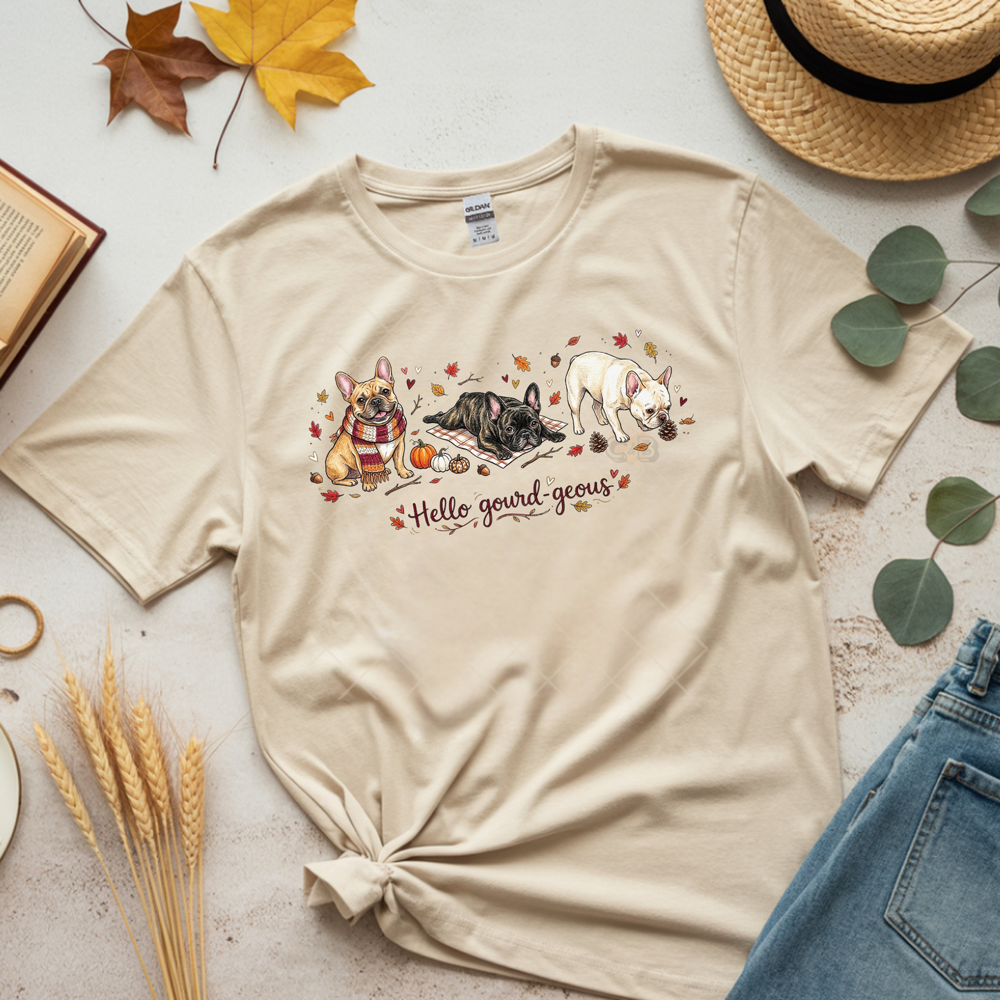 Fall Leaves French Bulldogs Frenchie - Premium Graphic T-Shirt for Casual Wear