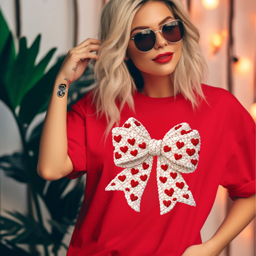 Faux Crochet Bow With Hearts - T-Shirt, Premium Graphic, Trendy T-Shirt for Casual Wear