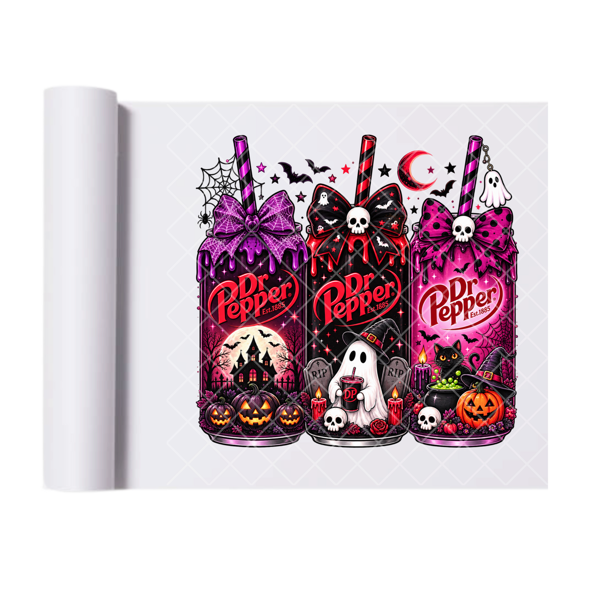 Spooky Dr Pepper Can Trio - Ready To Press Print Transfer for Apparel, Cotton, Polyester & Blends - High-Quality Print- Commercial Grade