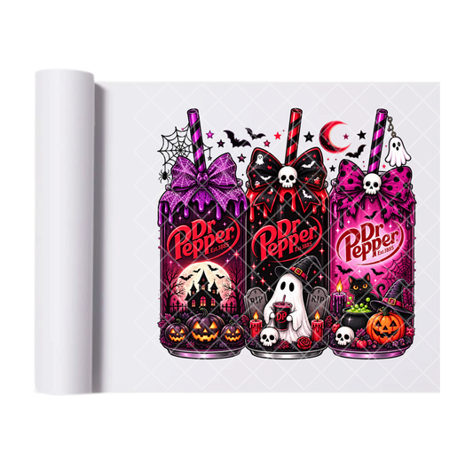 Spooky Dr Pepper Can Trio - Ready To Press Print Transfer for Apparel, Cotton, Polyester & Blends - High-Quality Print- Commercial Grade