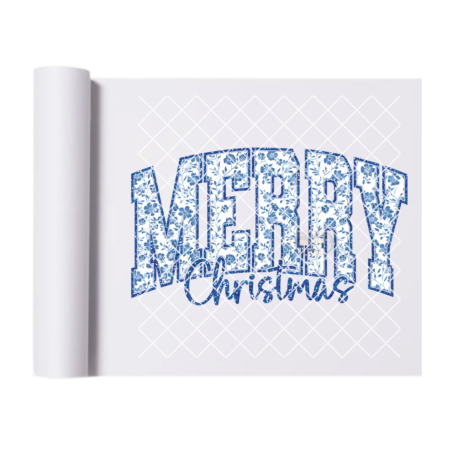 Merry Christmas Blue Floral Pattern DTF Transfer