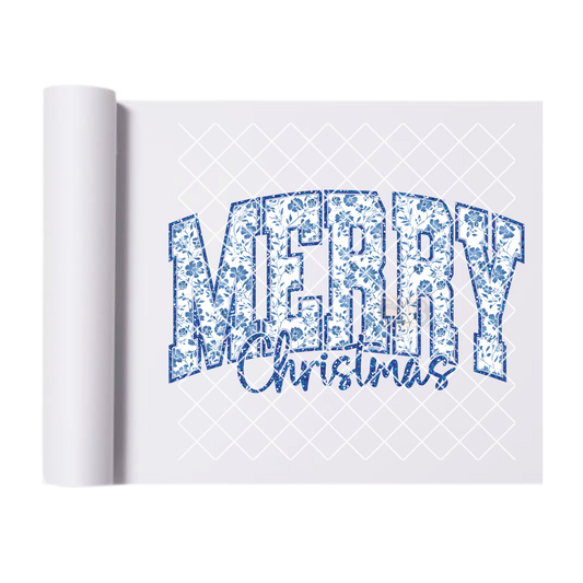 Merry Christmas Blue Floral Pattern DTF Transfer