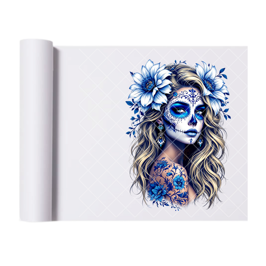 Blue Flower Lady- Direct Print Film Transfer for T-Shirts, Cotton, Polyester & Blends - High-Quality Print