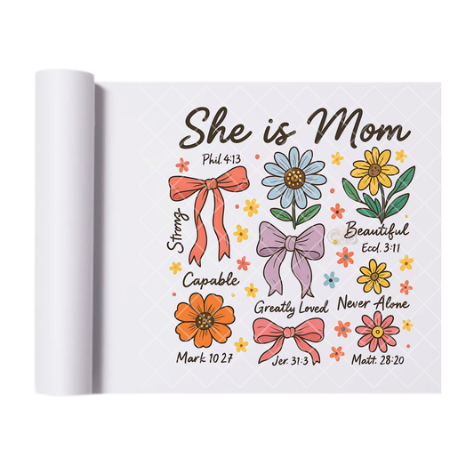 She Is Mom Bows Flowers Scripture - Direct Print Film Transfer for T-Shirts, Cotton, Polyester & Blends - High-Quality Print