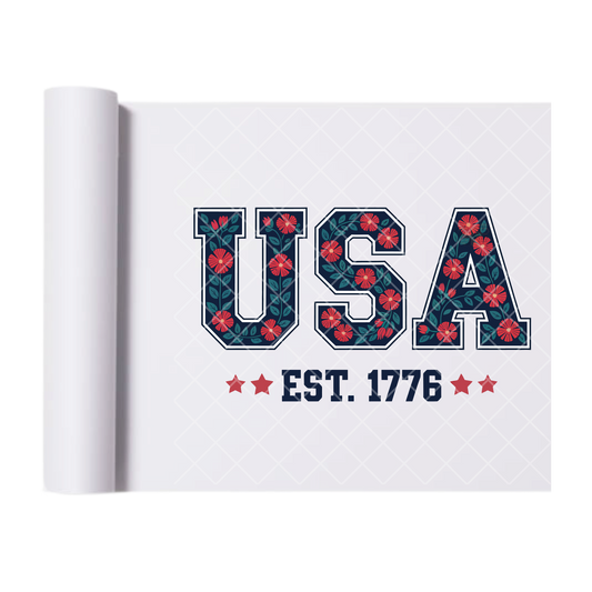 USA EST. 1776 Red Flowers - Direct Print Film Transfer for Trendy T-Shirts, Cotton, Polyester & Blends - High-Quality Print