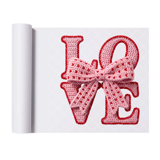 LOVE Lite Pink Bow Faux Yarn - Direct Transfer Print, Ready To Press For T-Shirts, Cotton, Polyester & Blends - Tshirt Business Quality