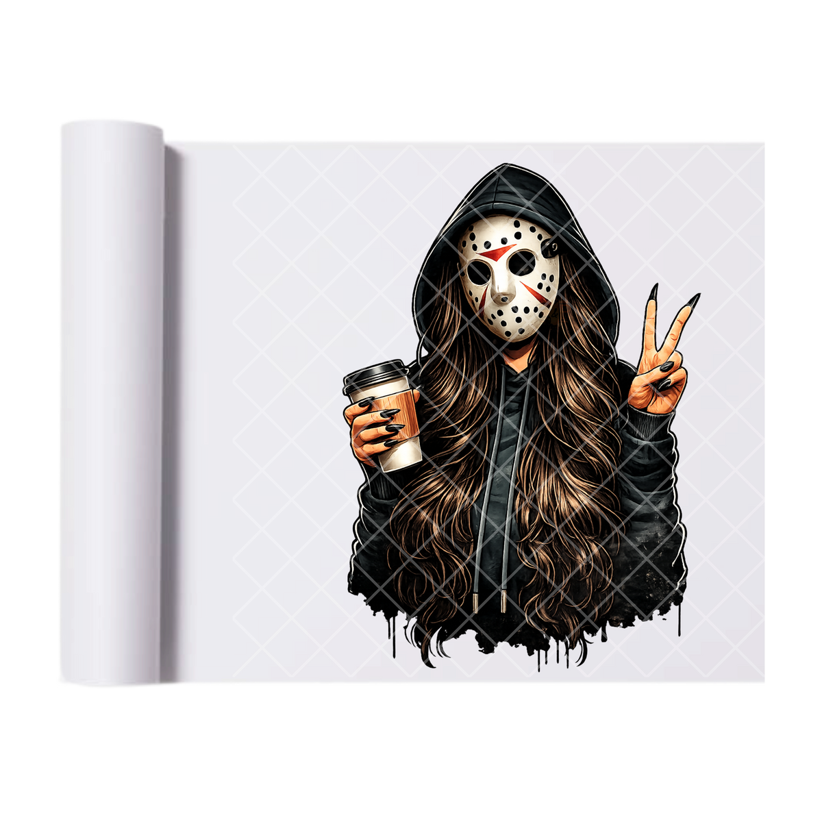 Masked Horror-Chic Coffee Portrait - Ready To Press Print Transfer for Apparel, Cotton, Polyester & Blends - High-Quality Print- Commercial Grade