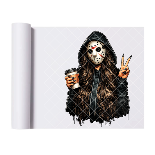 Masked Horror-Chic Coffee Portrait - Ready To Press Print Transfer for Apparel, Cotton, Polyester & Blends - High-Quality Print- Commercial Grade