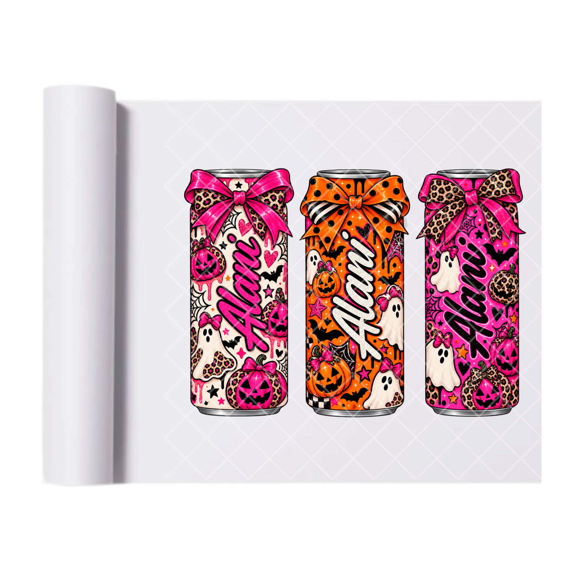 Alani Trio Spooky Halloween Cans - Ready To Press Print Transfer for Apparel, Cotton, Polyester & Blends - High-Quality Print- Commercial Grade