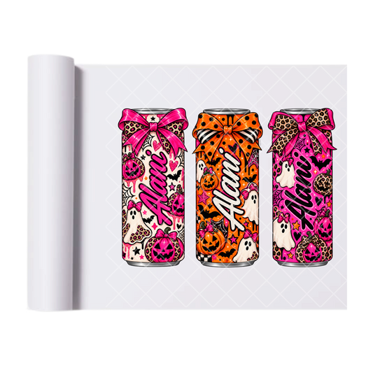 Alani Trio Spooky Halloween Cans - Ready To Press Print Transfer for Apparel, Cotton, Polyester & Blends - High-Quality Print- Commercial Grade