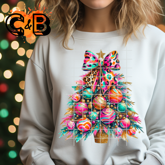 Color Print Christmas Tree With Bow T-Shirt