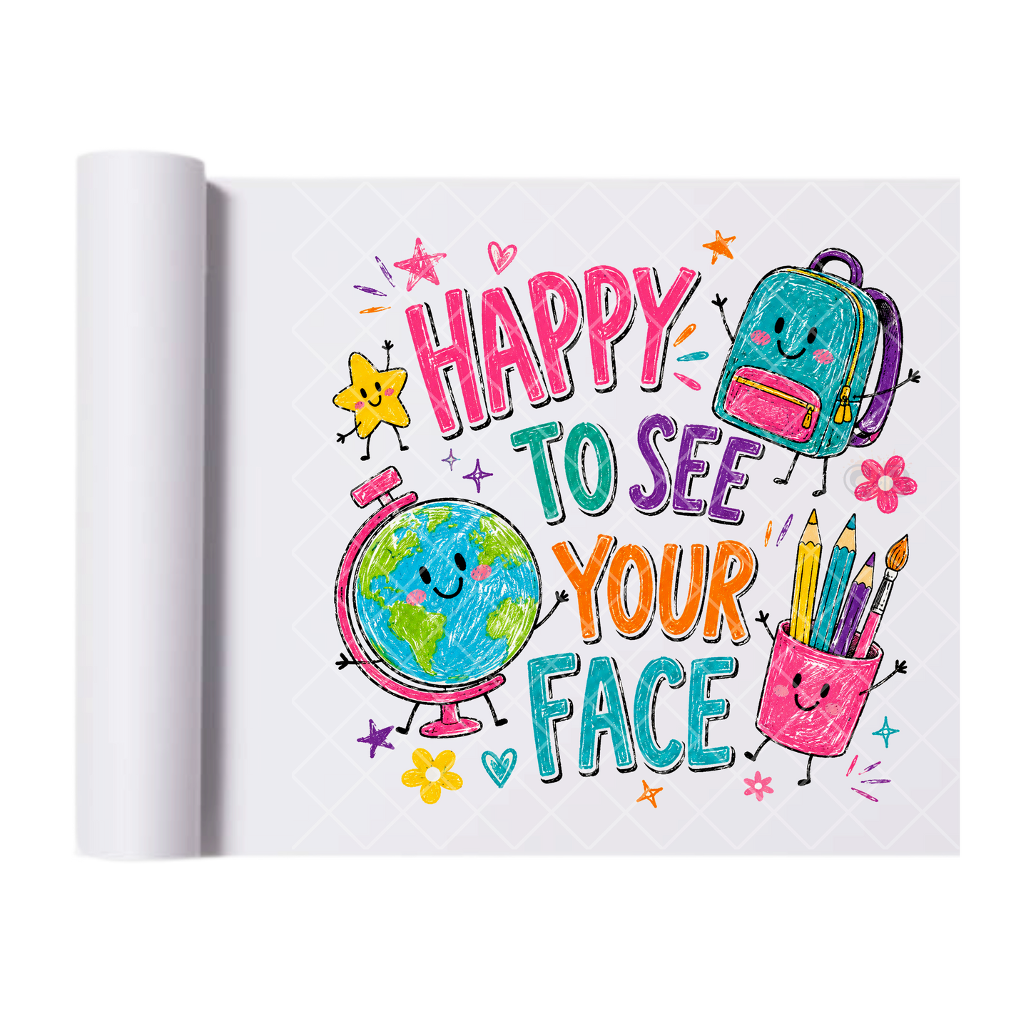 Happy To See Your Face Smiley School Doodle - Direct Print Film Transfer for T-Shirts, Cotton, Polyester & Blends - High-Quality Print